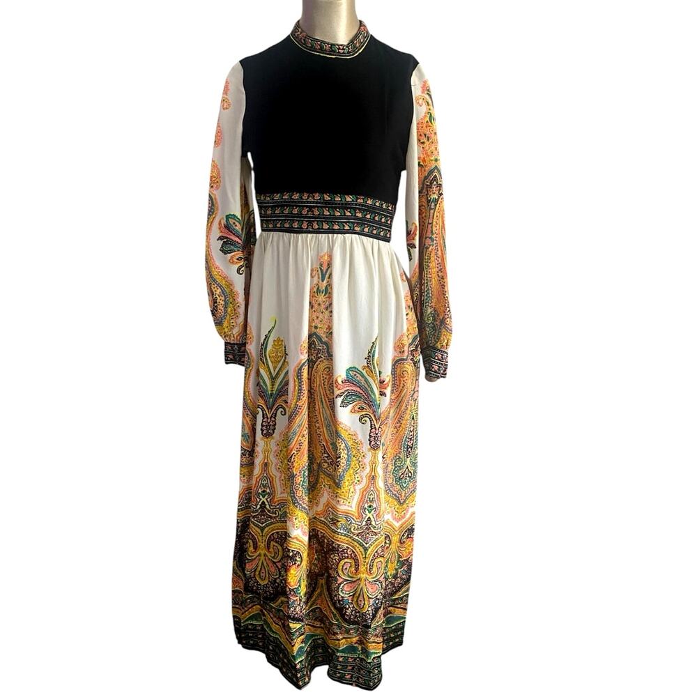 Vtg 60s 70s Couleur International Psychedelic Paisley Maxi Dress Hostess Boho XS